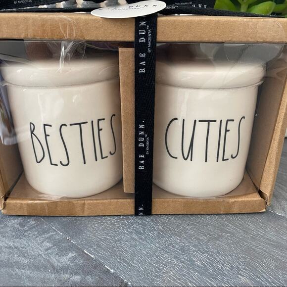 Rae Dunn BESTIES /CUTIES Ceramic 2pc Mini Canisters Gray Heart Topper NEW - Picture 1 of 5
